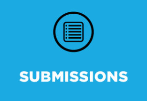 On a bright blue background, white text in all caps says "submissions". Above that in a black circle is an icon of a lined sheet of notebook paper.